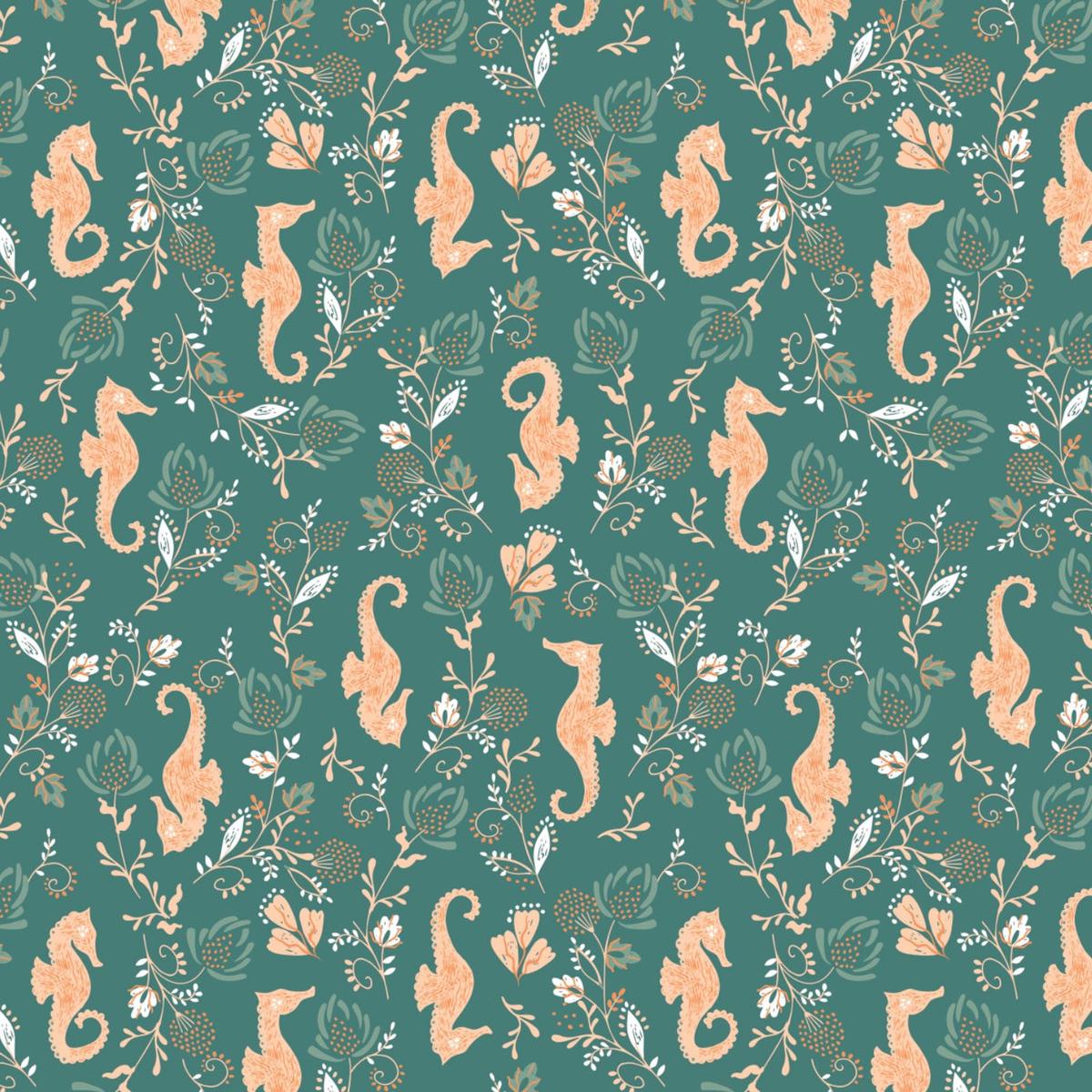 Beachside Pretty Seahorse Dark Green - Camelot Cotton Fabric - By the Yard (45 inches wide)