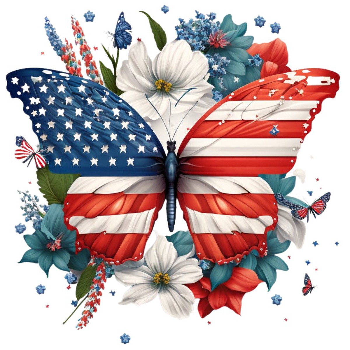 Patriotic Floral Butterfly 5 Fabric Panel