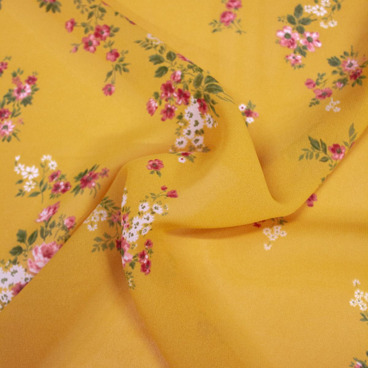 Yulla Ochre Yellow Floral Viscose Crepe Voile Fabric