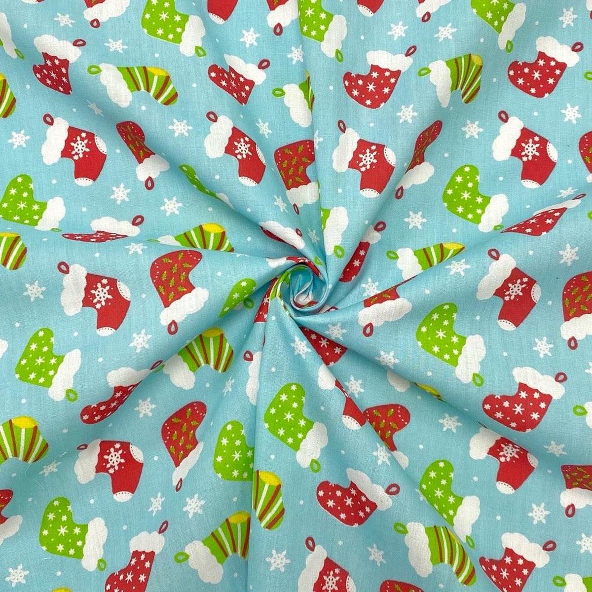 Xmas Stockings on Blue Polycotton Fabric