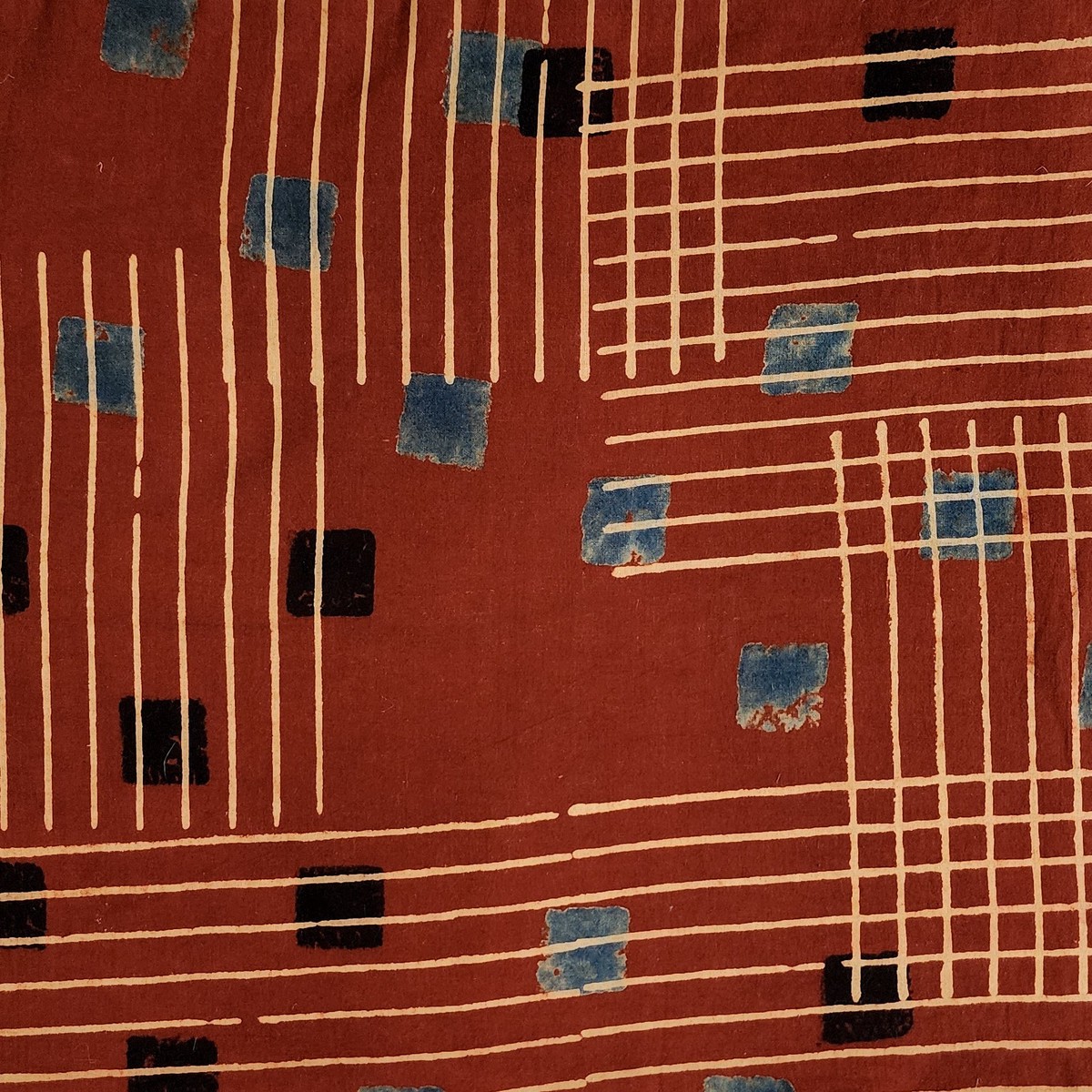 (PRE-CUT 1 METER)Pure Cotton Ajrak Rust Red With Cream Stripes With Black And Red Checks Hand Block Print Fabric