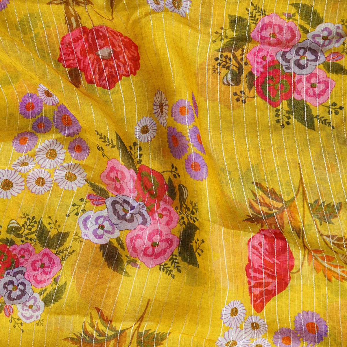 Yellow Lurex Digital Print Pink And Purple Foral Flower Jaal Fabric