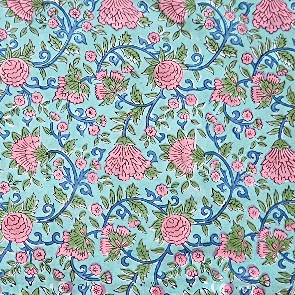 (Pre-Cut 0.95 Meter) Pure Cotton Jaipuri Blue With Pink Flower Jaal Hand Block Print Fabric