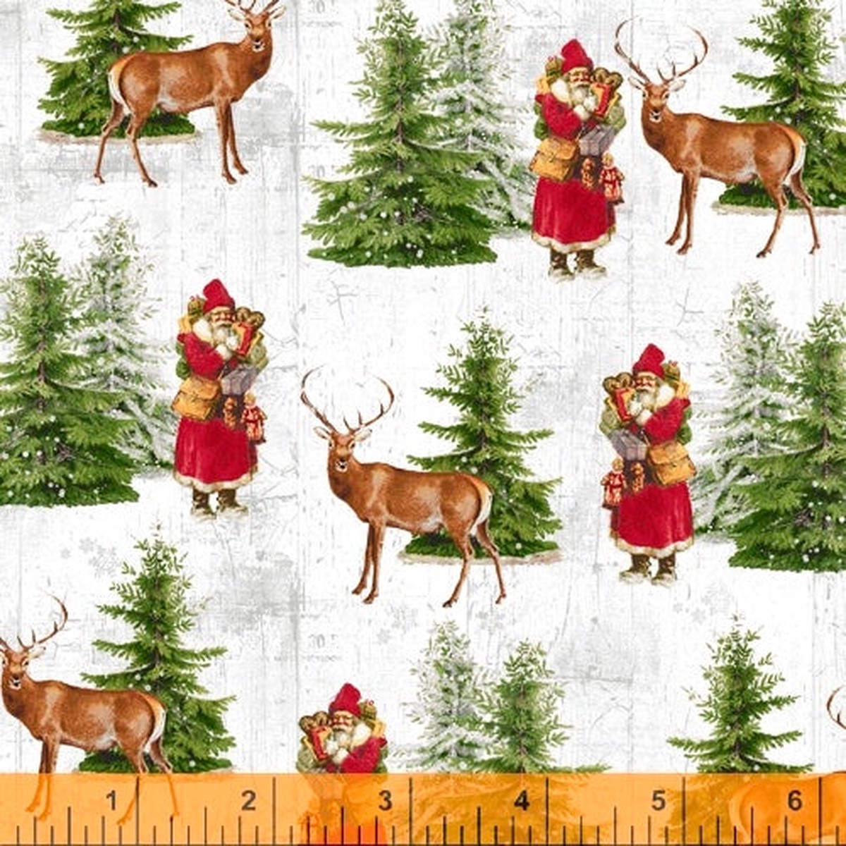 Comfort & Joy Old World Santa and Reindeer White Katie Pertiet Windham Fabrics Cotton Fabric WF-51884-1 1