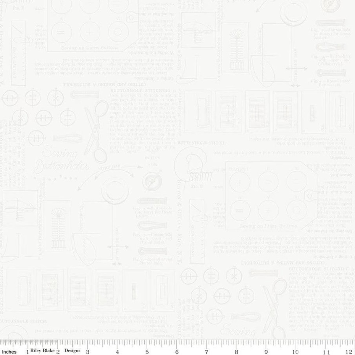 Sew America Sewing Notes White on White J. Wecker Frisch Riley Blake Designs Cotton Fabric RB-C17348-WHITE