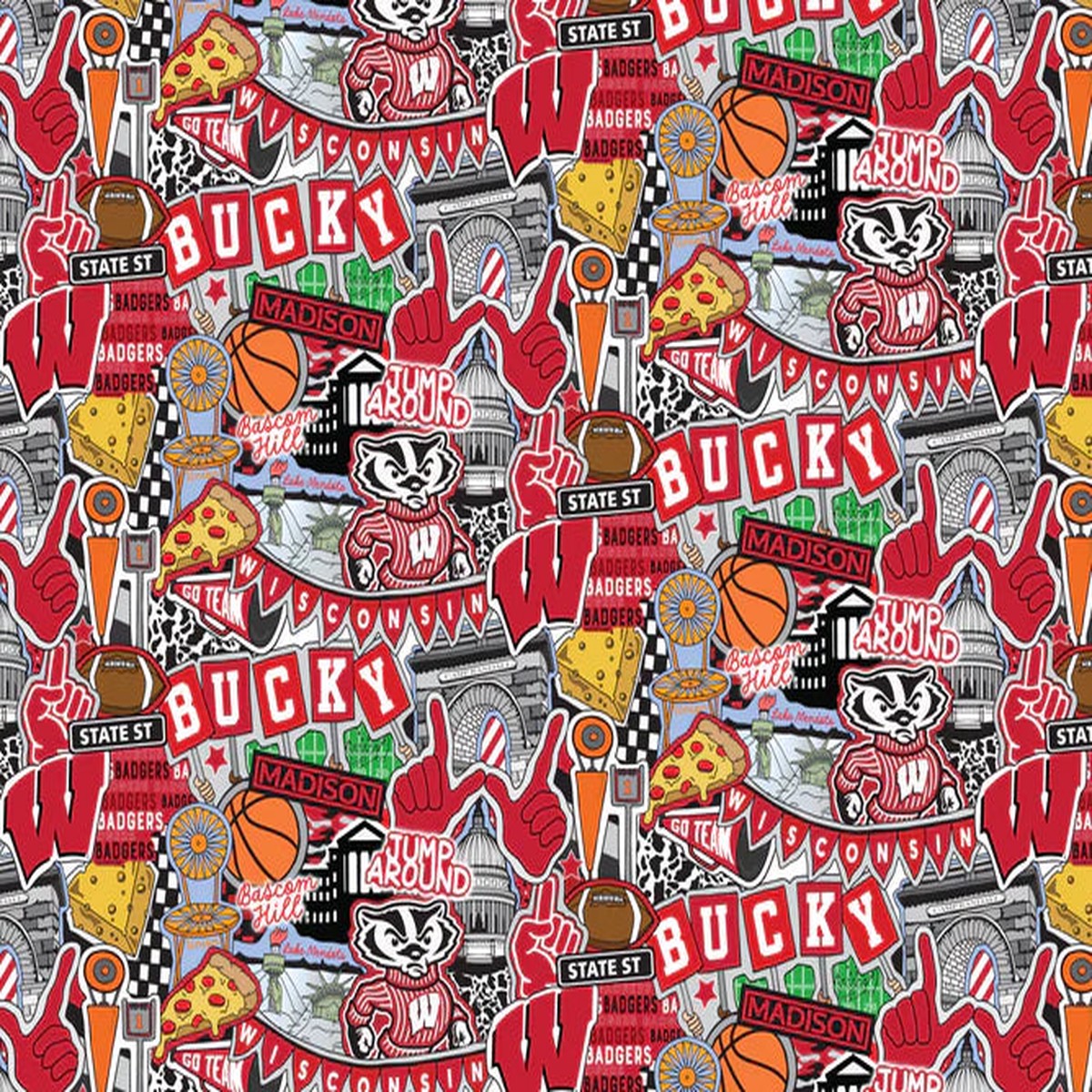 Wisconsin Badgers NCAA College Doodle Allover Sammy Sykel Cotton Fabric WIS-2001 1