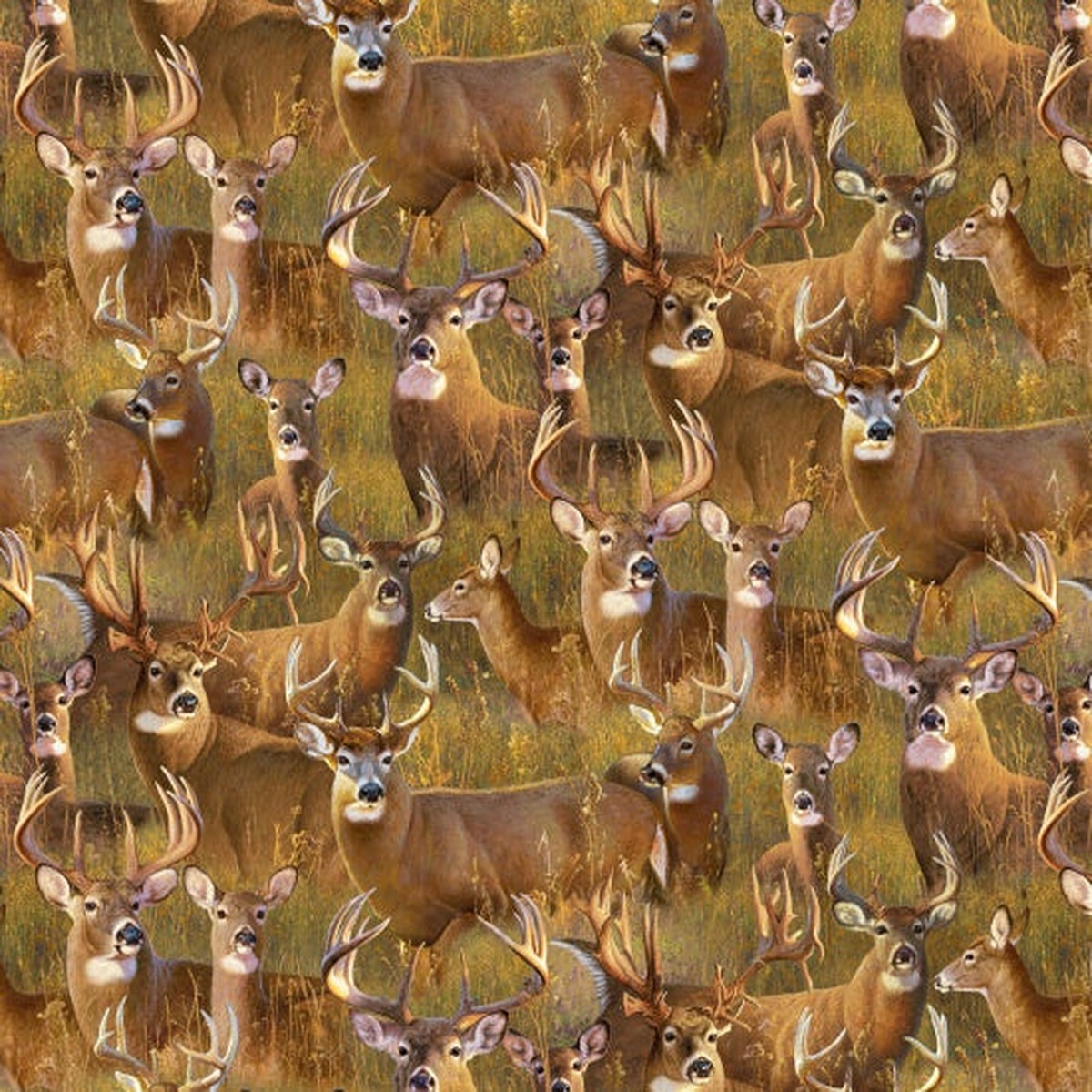 A Buck Stops Here Packed Deer Gold Hayden Lambson Elizabeth's Studio Cotton Fabric ES-44002-Gold 1