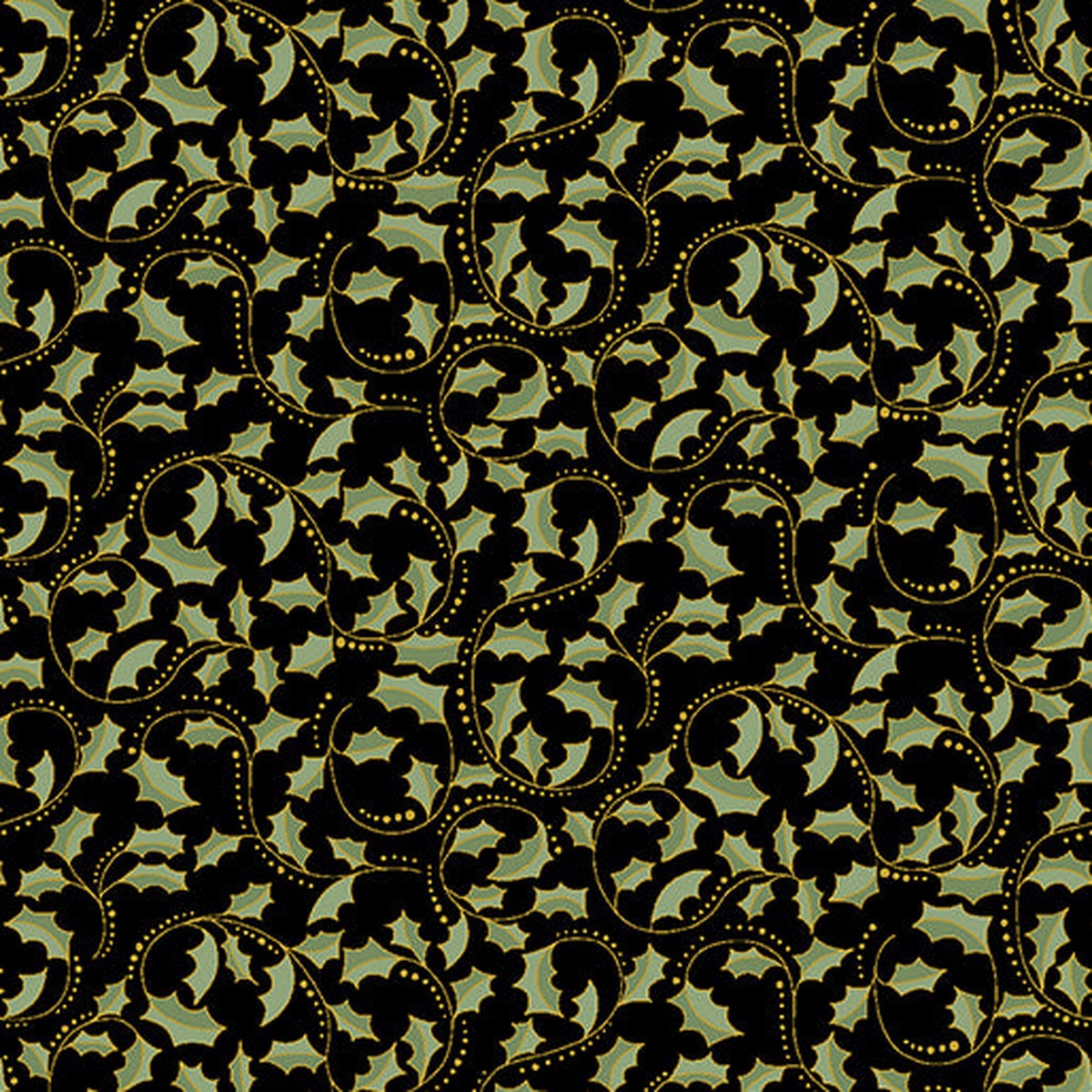 A Botanical Season Golden Leaf Scroll Ebony Black Gold Metallic Jackie Robinson Benartex Cotton Fabric 1
