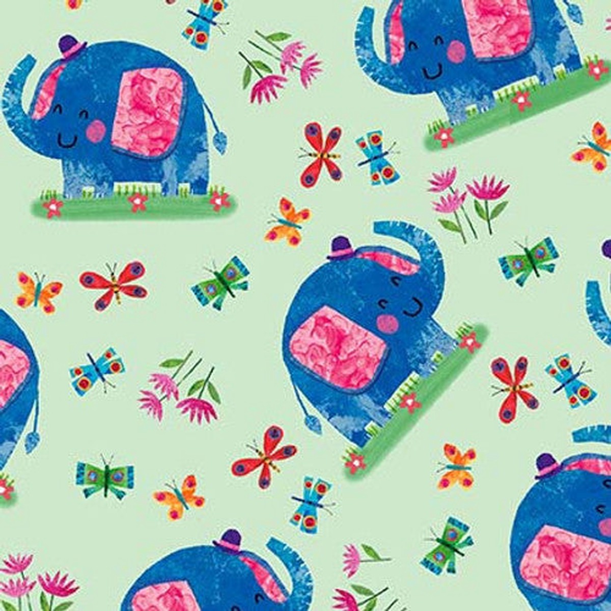 Zoo Crew Tossed Elephants Sage Green Lindsey Sagar Blank Quilting Cotton Fabric 1/2