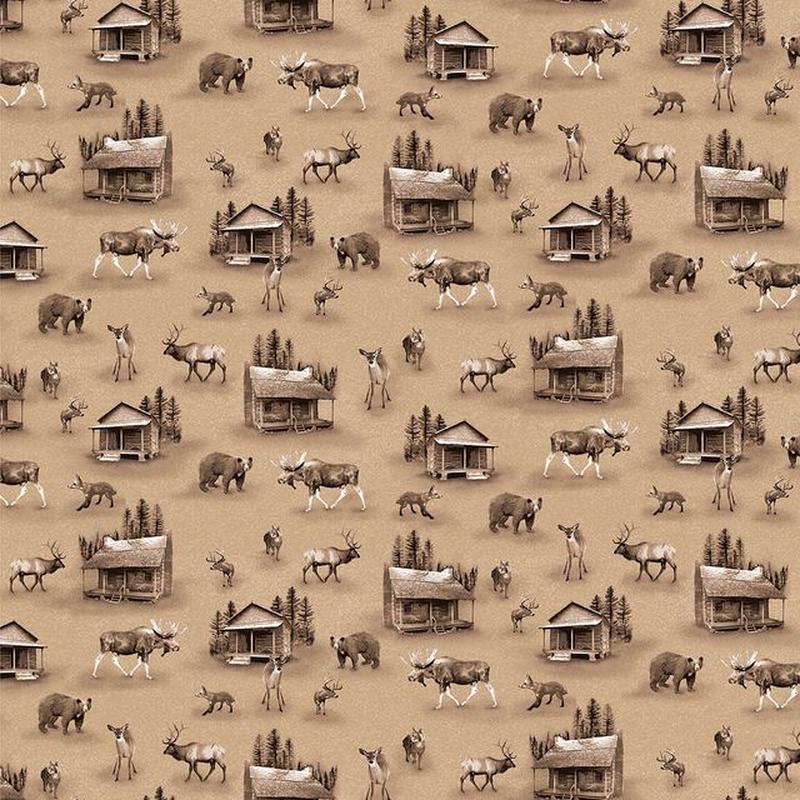 Woodland Whispers Cabins and Animals Light Brown Jan Shade Beach Henry Glass Cotton Fabric 1/2