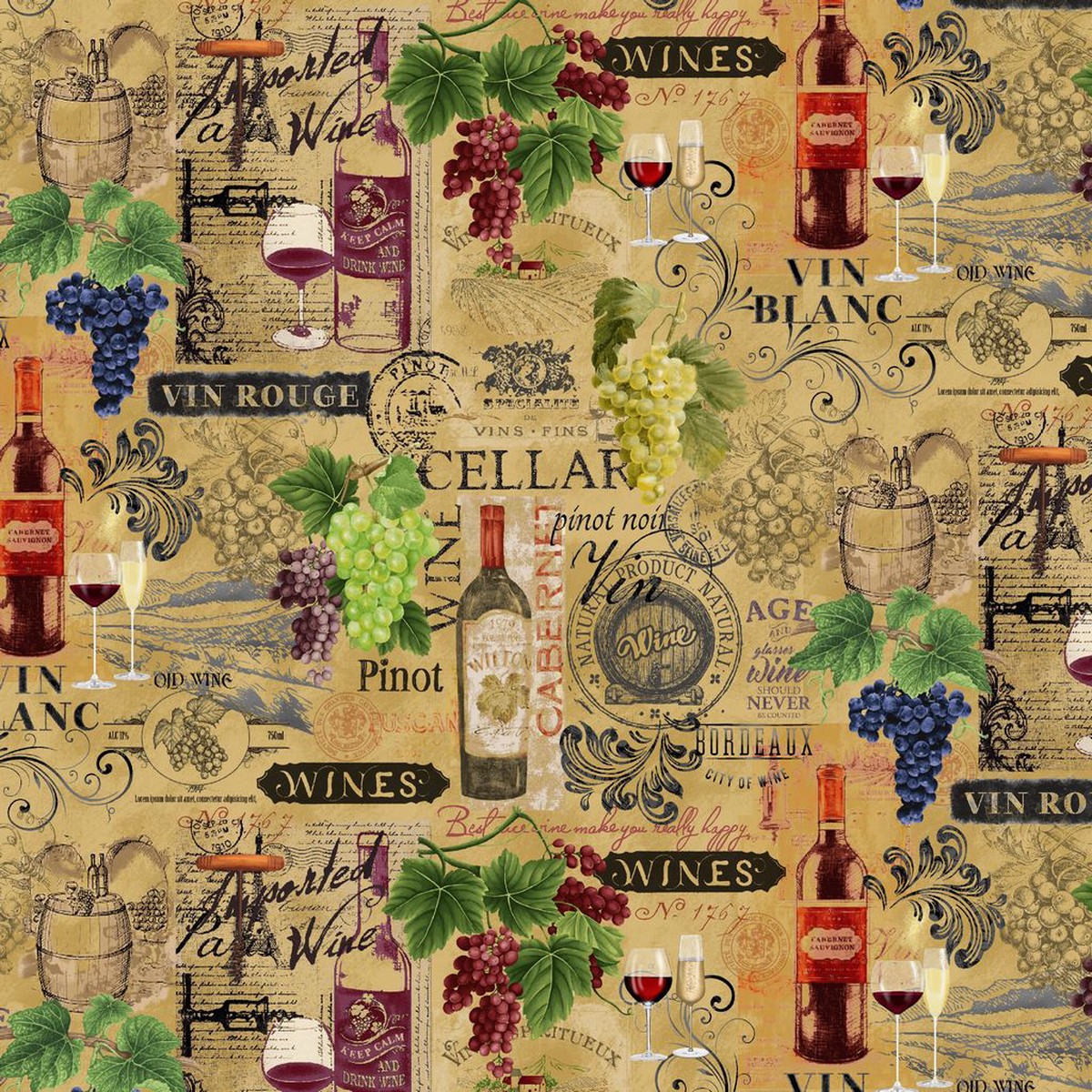 Wine Tasting Vintage Wine Grape Text Beige Timeless Treasures Cotton Fabric 1