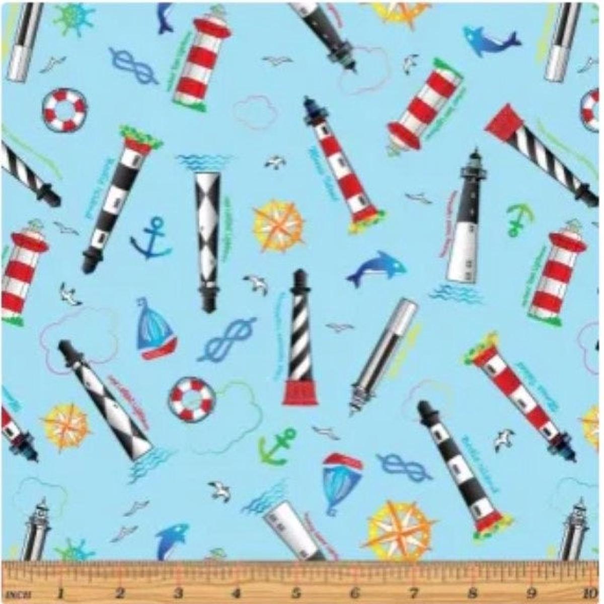 All Carolinas Shop Hop 2022 Light Houses Tossed Light Blue Benartex Cotton Fabric 1